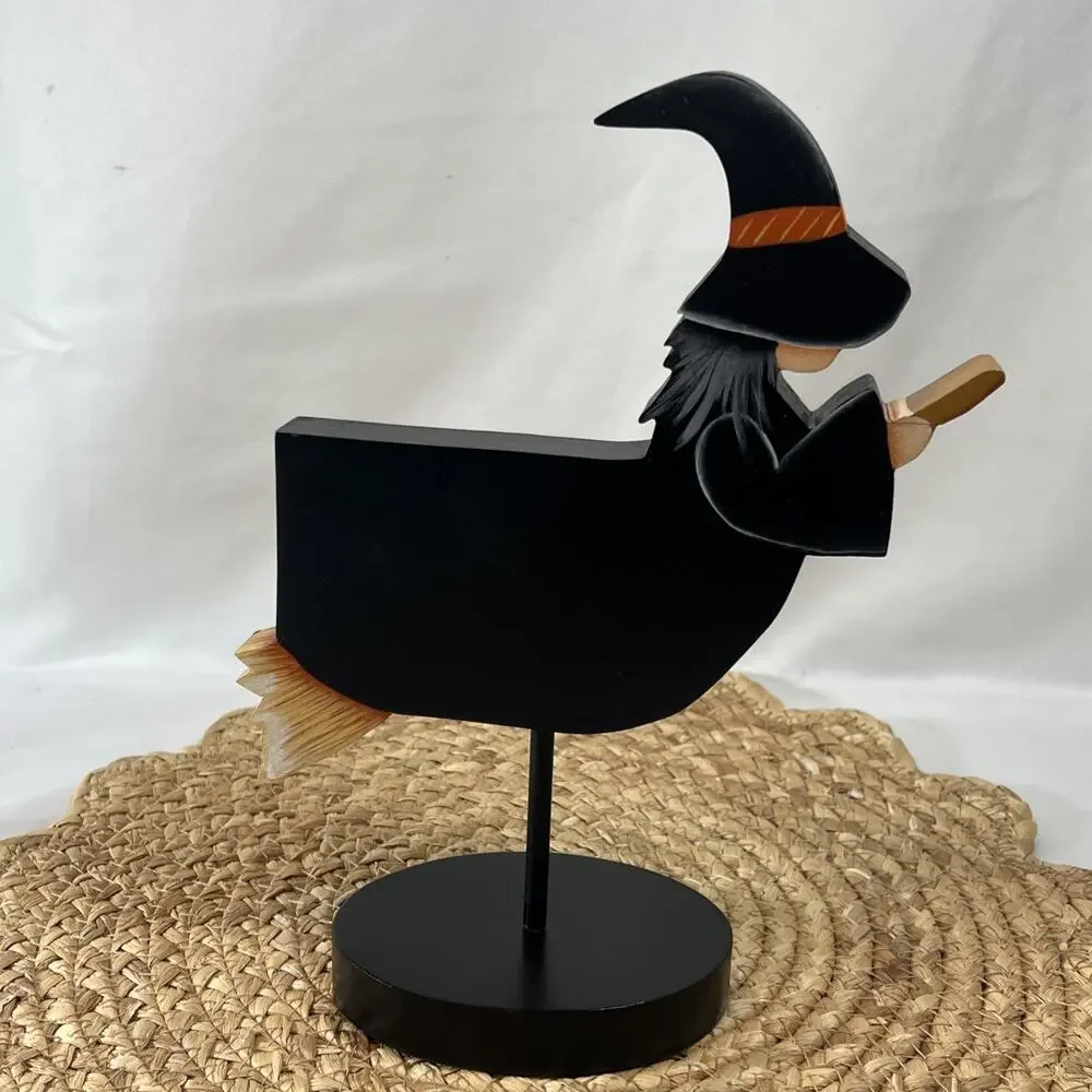 Hand Carved Wooden Witch On Broom Halloween Figurine Folk Art Black Dress & Hat